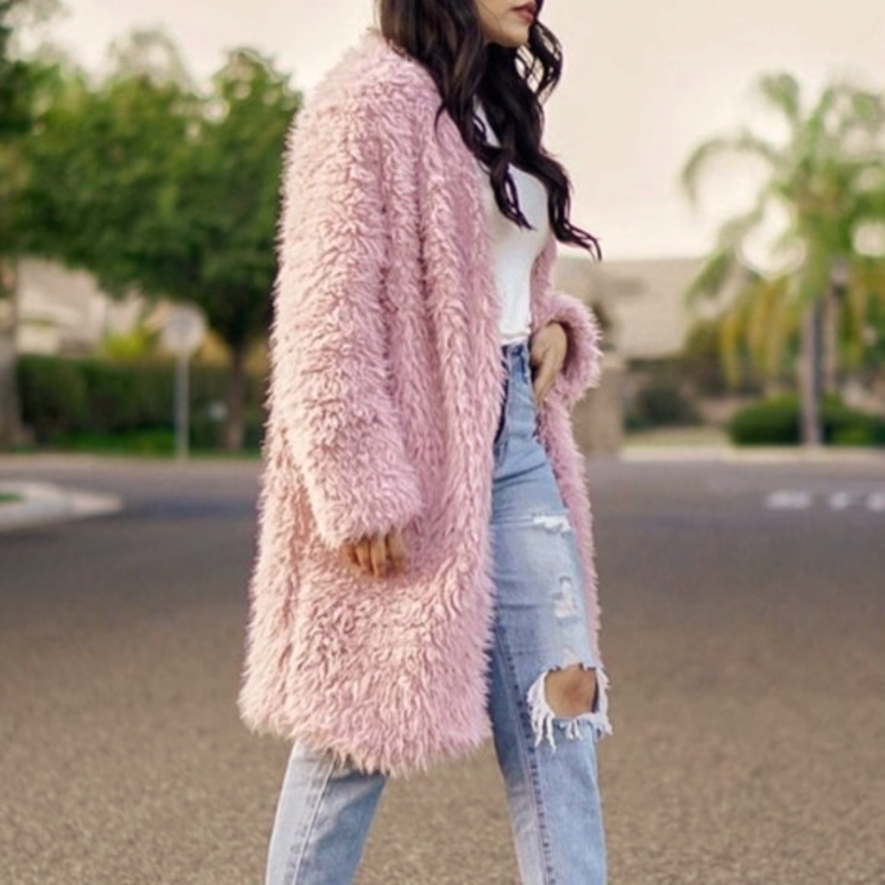 Pink oversized Open Front Fuzzy teddy Coat jacket - Picture 4 of 12